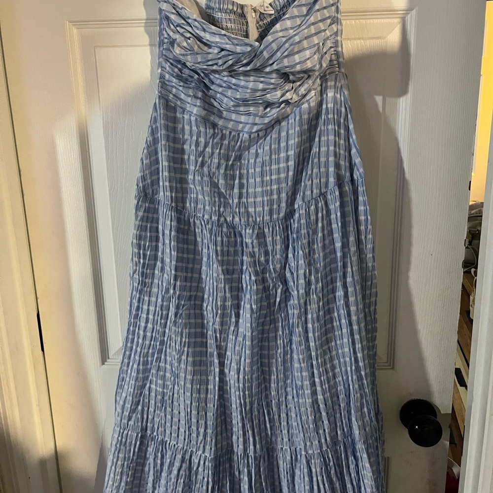 Blue and White strapless Dress